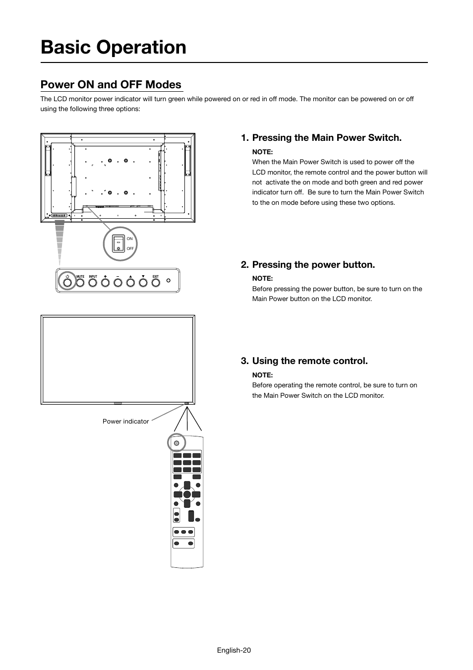 Basic operation, Power on and off modes, Pressing the main power switch | Pressing the power button, Using the remote control | MITSUBISHI ELECTRIC MDT421S User Manual | Page 24 / 300