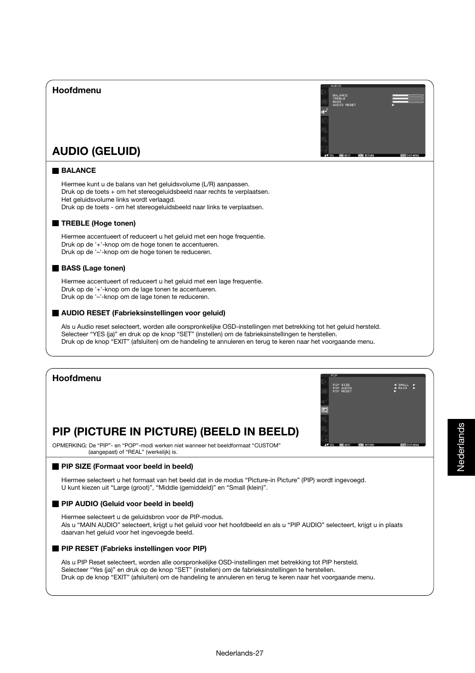 Audio (geluid), Pip (picture in picture) (beeld in beeld), Nederlands | MITSUBISHI ELECTRIC MDT421S User Manual | Page 241 / 300