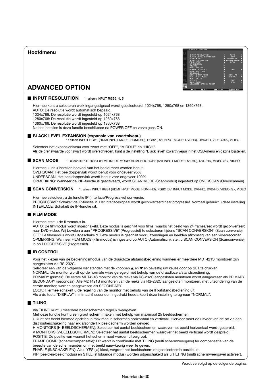 Advanced option, Hoofdmenu | MITSUBISHI ELECTRIC MDT421S User Manual | Page 244 / 300