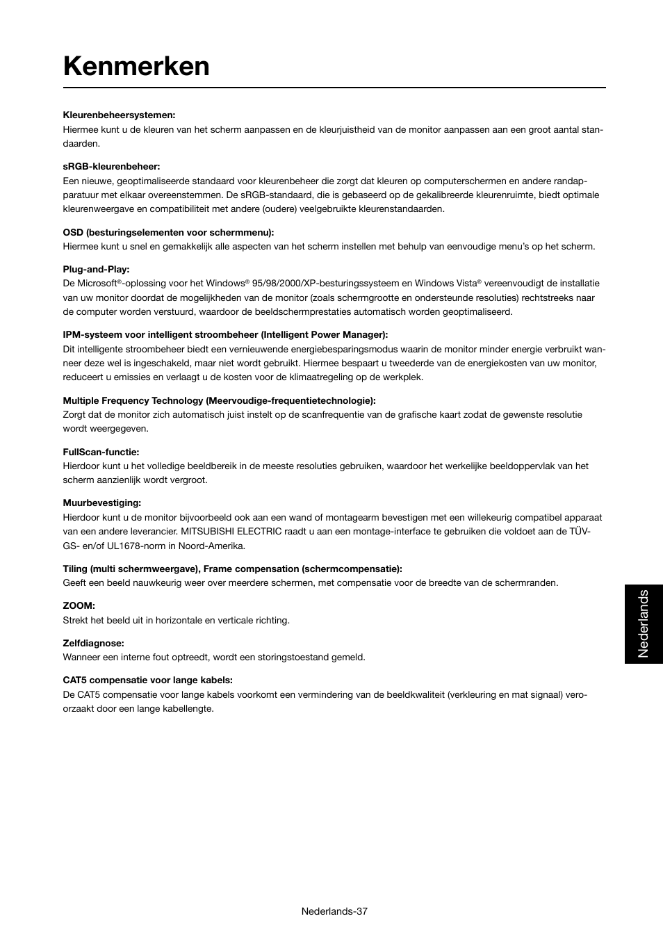 Kenmerken, Nederlands | MITSUBISHI ELECTRIC MDT421S User Manual | Page 251 / 300