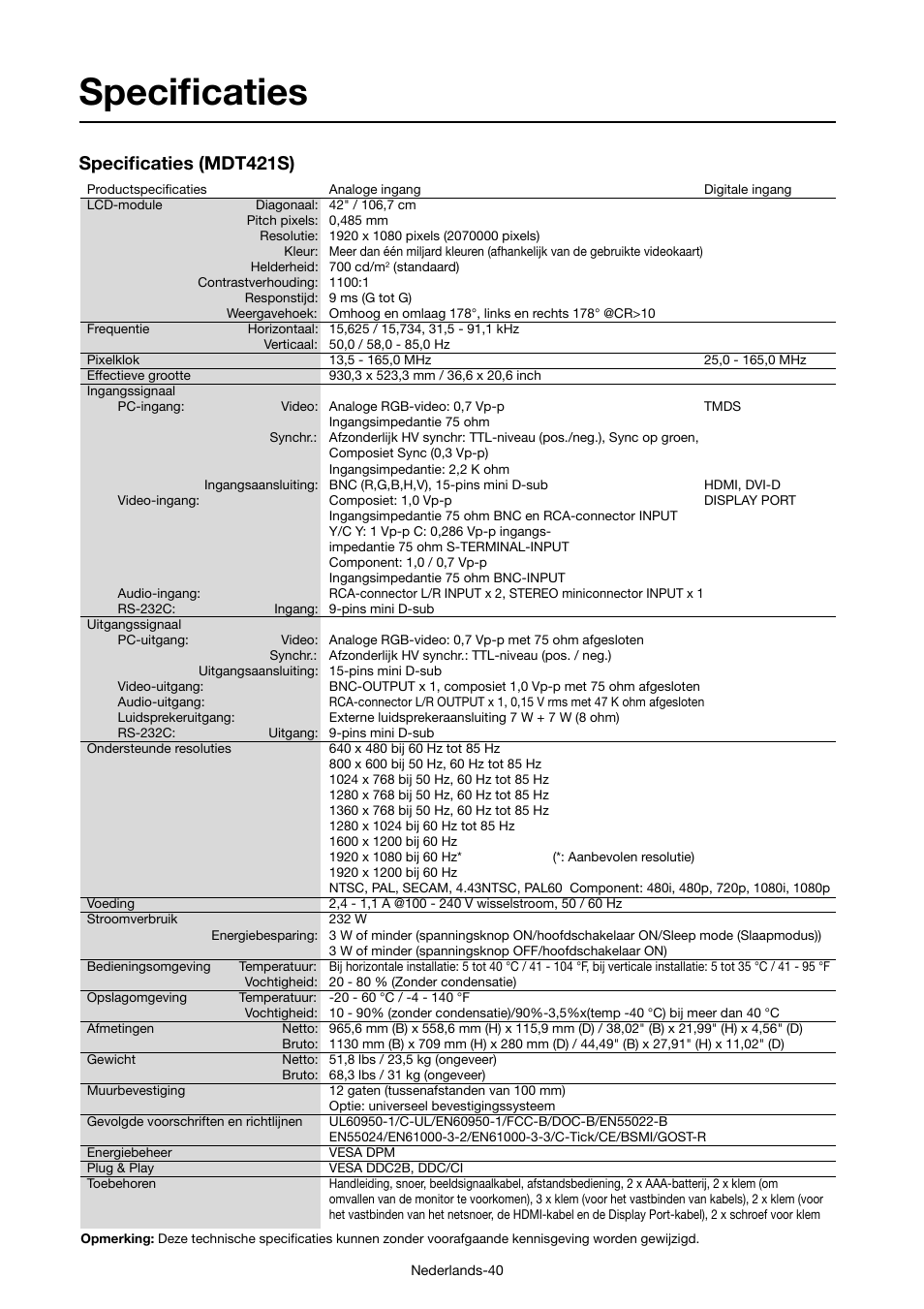 Specifi caties, Specifi caties (mdt421s) | MITSUBISHI ELECTRIC MDT421S User Manual | Page 254 / 300