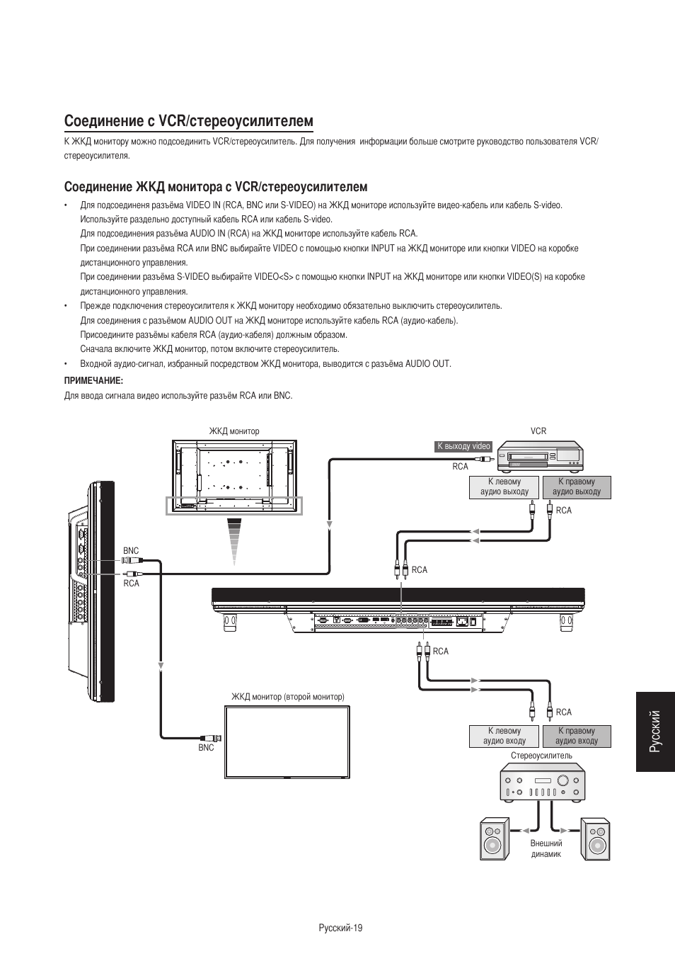 Cоединение с vcr/стереоусилителем, Русский, Соединение жкд монитора с vcr/стереоусилителем | MITSUBISHI ELECTRIC MDT421S User Manual | Page 275 / 300