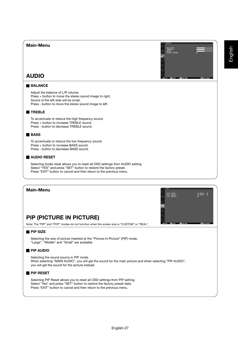 Audio, Pip (picture in picture), English | MITSUBISHI ELECTRIC MDT421S User Manual | Page 31 / 300