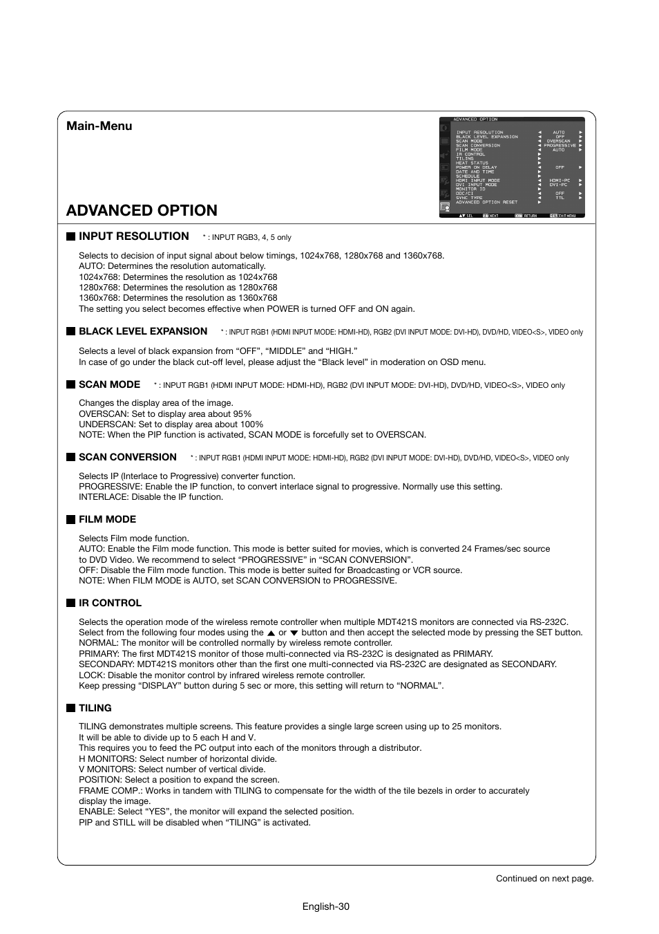 Advanced option, Main-menu | MITSUBISHI ELECTRIC MDT421S User Manual | Page 34 / 300