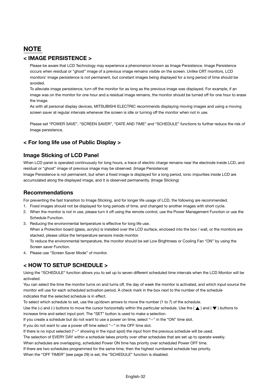 Image persistence, Recommendations, How to setup schedule | MITSUBISHI ELECTRIC MDT421S User Manual | Page 36 / 300