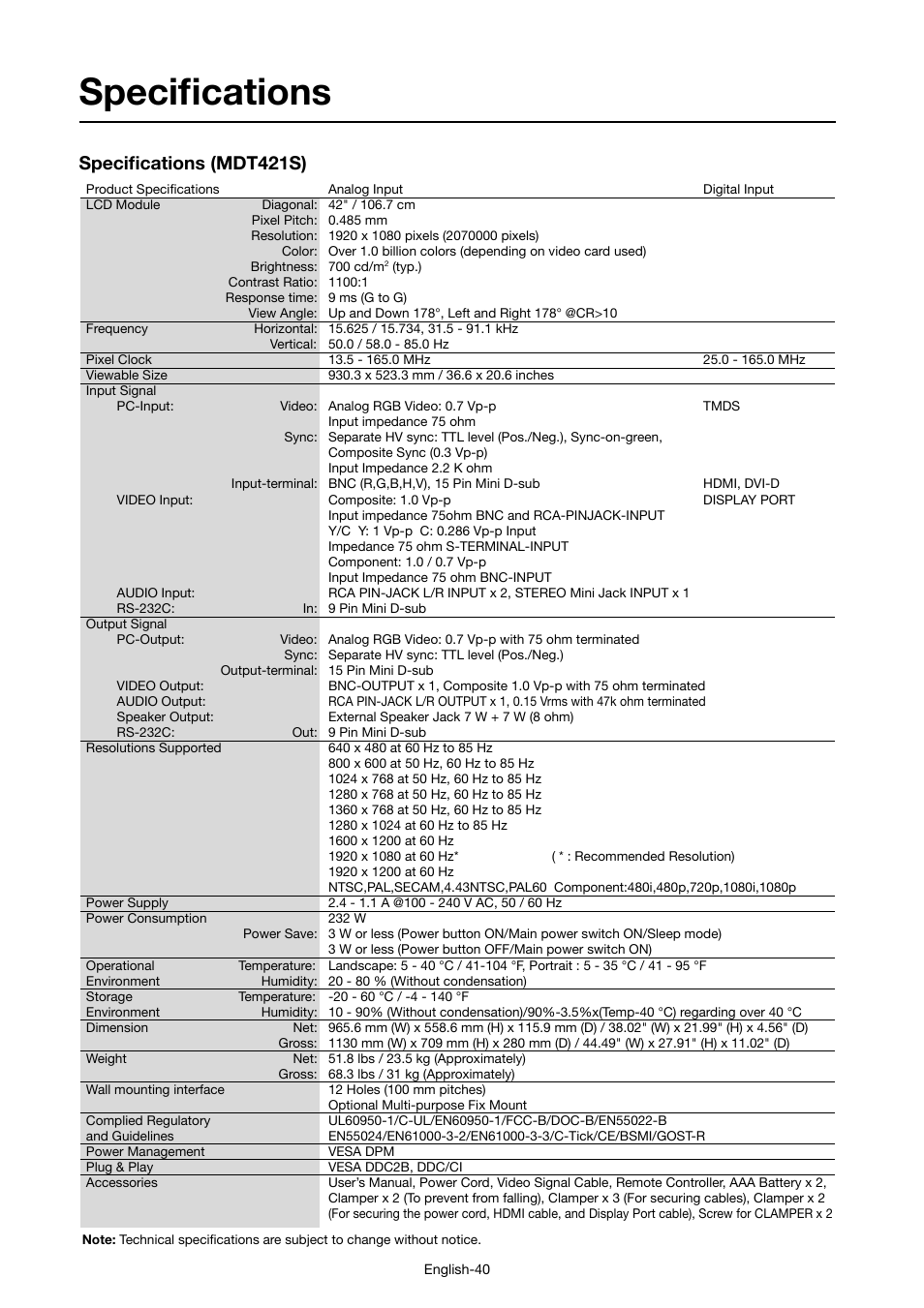 Specifi cations, Specifi cations (mdt421s) | MITSUBISHI ELECTRIC MDT421S User Manual | Page 44 / 300