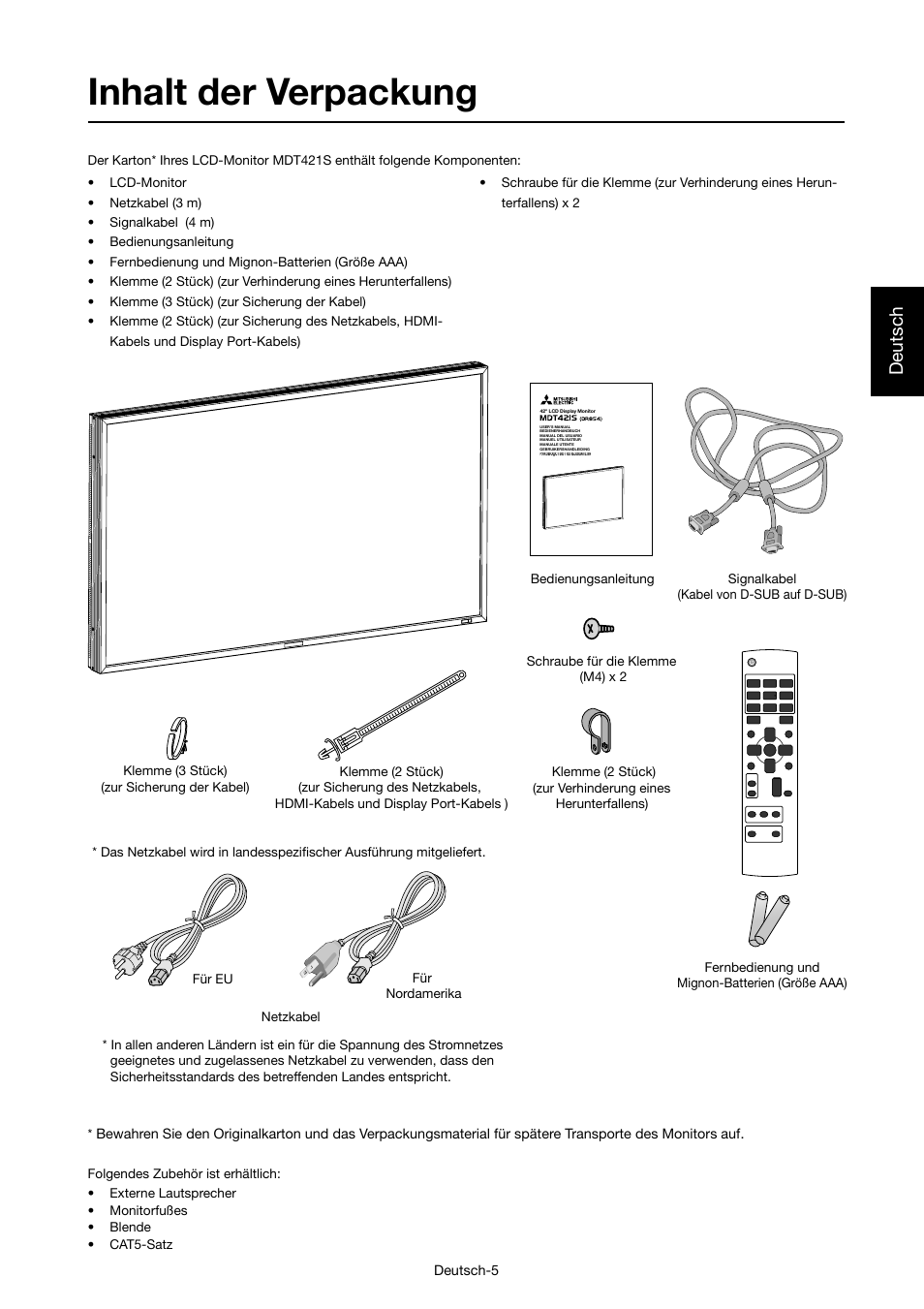 Inhalt der verpackung, Deutsch | MITSUBISHI ELECTRIC MDT421S User Manual | Page 51 / 300