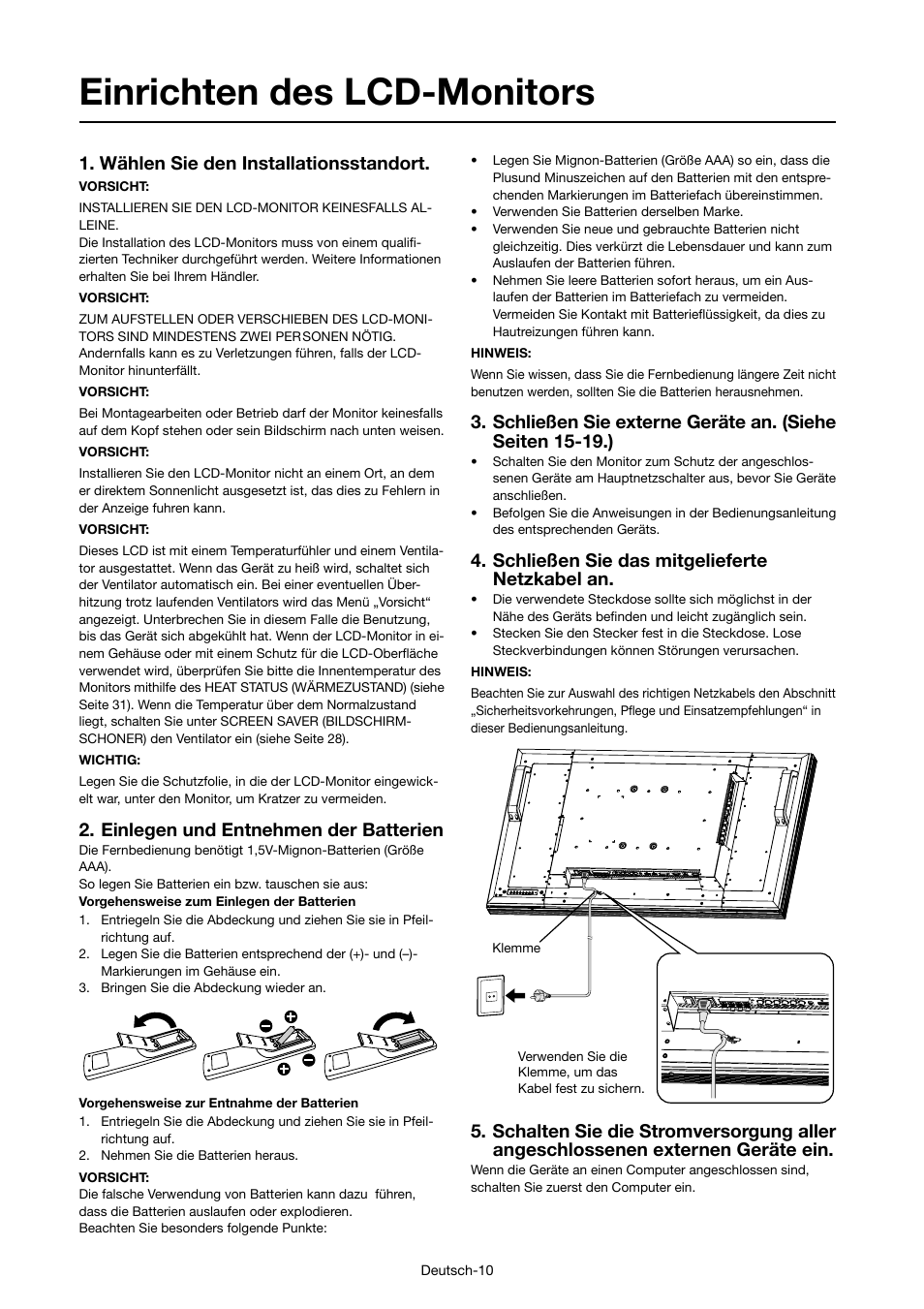 Einrichten des lcd-monitors, Wählen sie den installationsstandort, Einlegen und entnehmen der batterien | Schließen sie das mitgelieferte netzkabel an | MITSUBISHI ELECTRIC MDT421S User Manual | Page 56 / 300