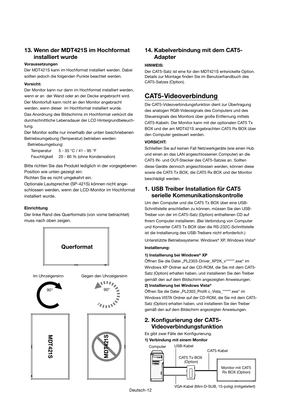 Cat5-videoverbindung, Wenn der mdt421s im hochformat installiert wurde, Querformat | Kabelverbindung mit dem cat5- adapter, Konfi gurierung der cat5- videoverbindungsfunktion, Mdt421s | MITSUBISHI ELECTRIC MDT421S User Manual | Page 58 / 300