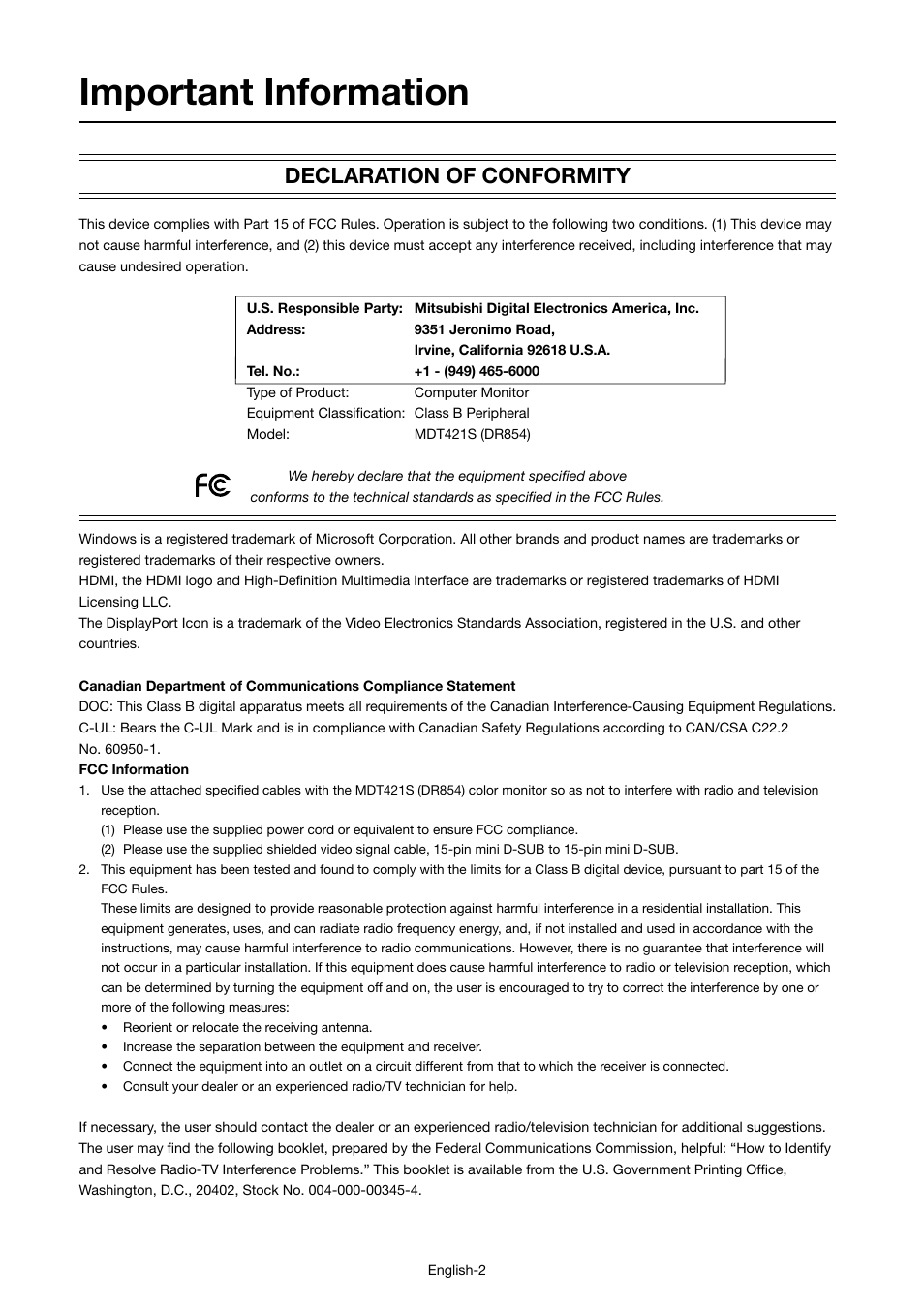 Important information, Declaration of conformity | MITSUBISHI ELECTRIC MDT421S User Manual | Page 6 / 300