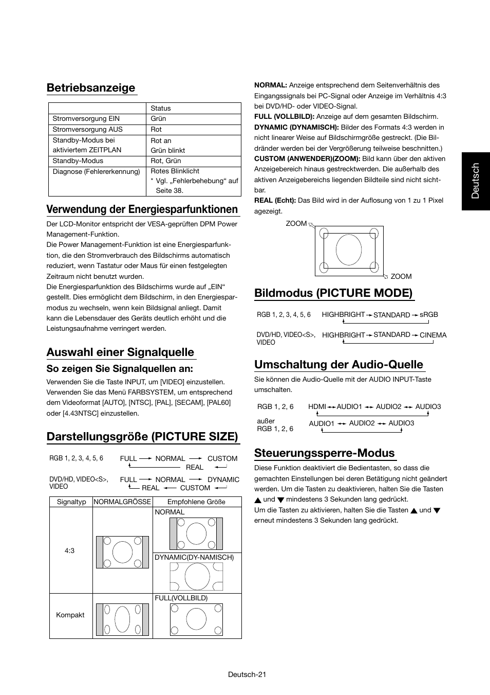 Auswahl einer signalquelle, Darstellungsgröße (picture size), Bildmodus (picture mode) | Umschaltung der audio-quelle, Steuerungssperre-modus, Deutsch, So zeigen sie signalquellen an | MITSUBISHI ELECTRIC MDT421S User Manual | Page 67 / 300