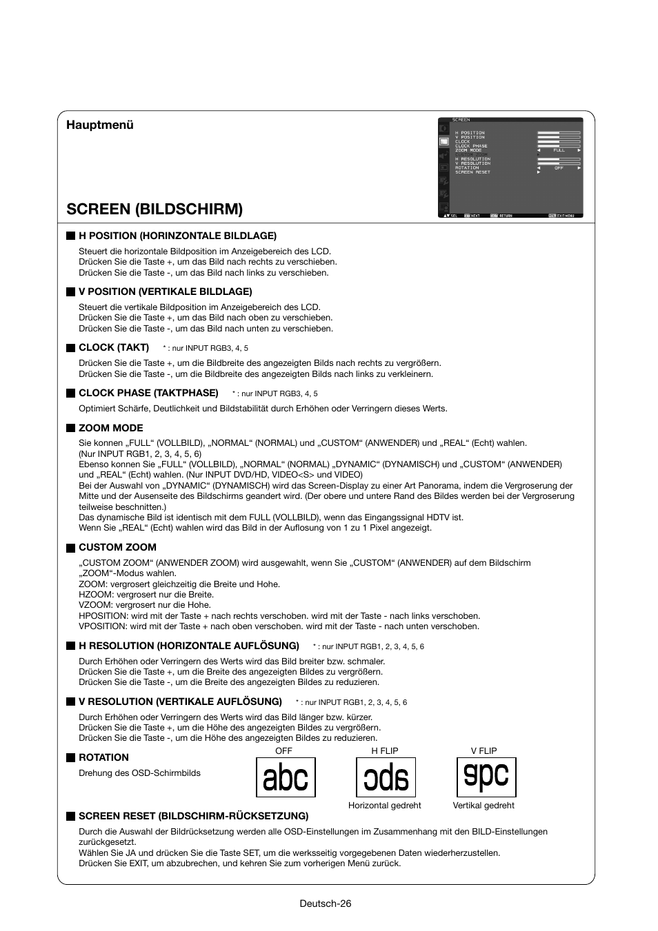 Screen (bildschirm), Hauptmenü | MITSUBISHI ELECTRIC MDT421S User Manual | Page 72 / 300