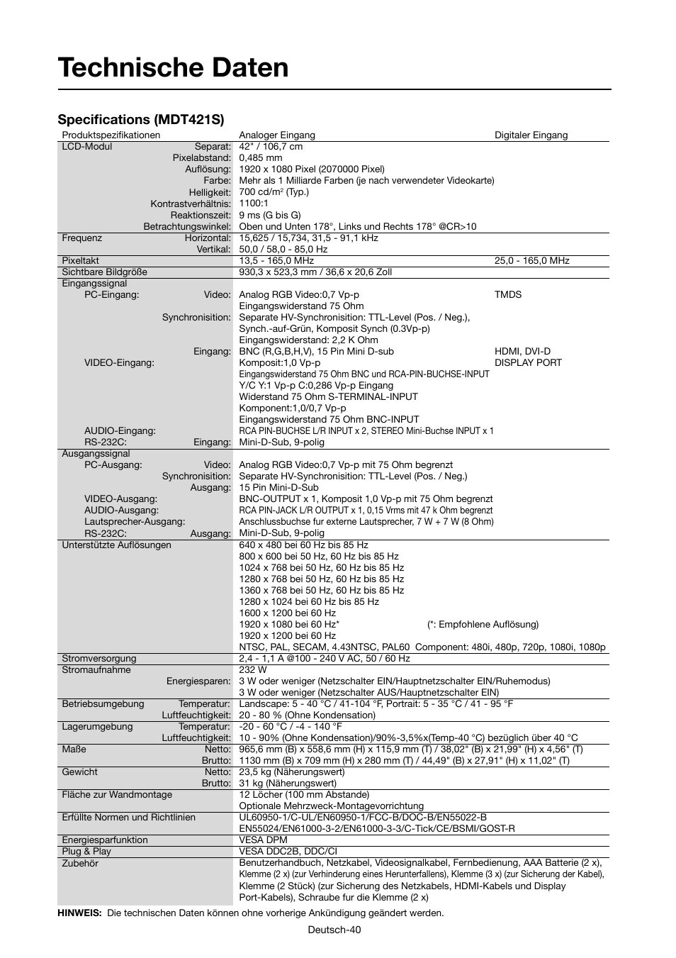 Technische daten, Specifi cations (mdt421s) | MITSUBISHI ELECTRIC MDT421S User Manual | Page 86 / 300