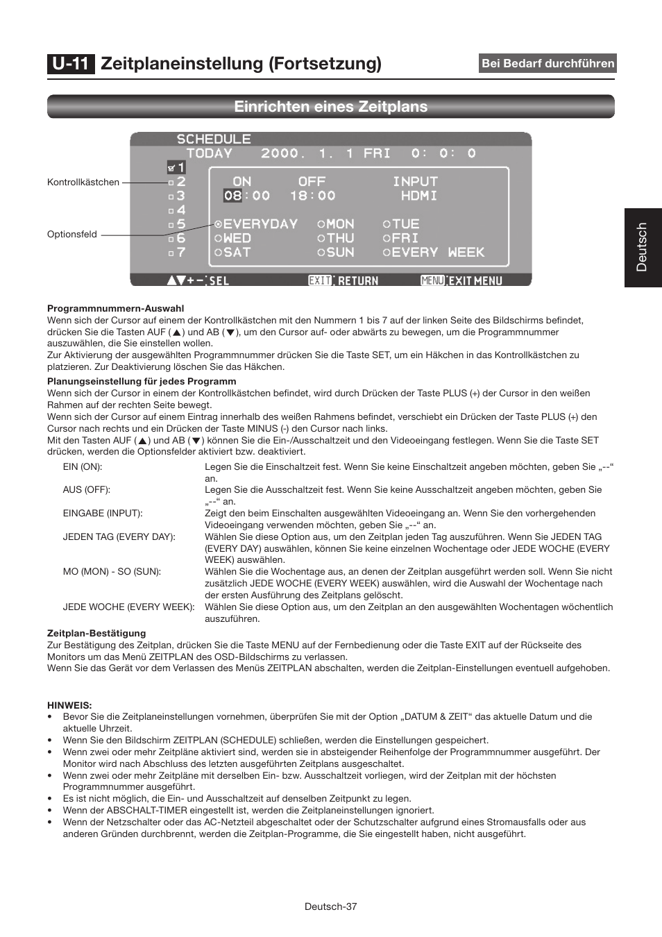 U-11 zeitplaneinstellung (fortsetzung), Einrichten eines zeitplans, Deutsch | MITSUBISHI ELECTRIC LDT462V User Manual | Page 101 / 368