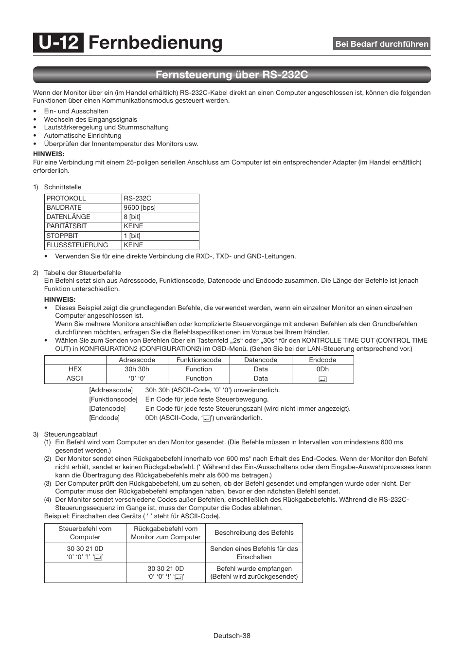 U-12 fernbedienung, Fernsteuerung über rs-232c | MITSUBISHI ELECTRIC LDT462V User Manual | Page 102 / 368