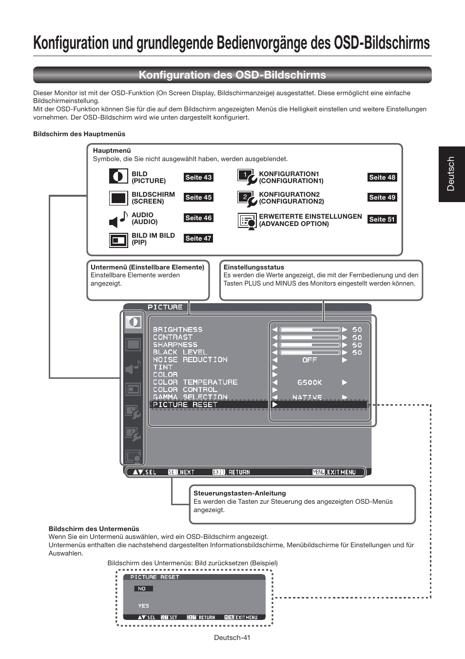 Konfi guration des osd-bildschirms, Deutsch | MITSUBISHI ELECTRIC LDT462V User Manual | Page 105 / 368