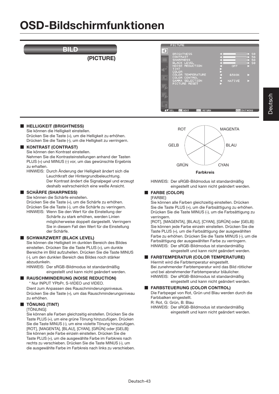 Osd-bildschirmfunktionen, Bild, Deutsch | Picture) | MITSUBISHI ELECTRIC LDT462V User Manual | Page 107 / 368