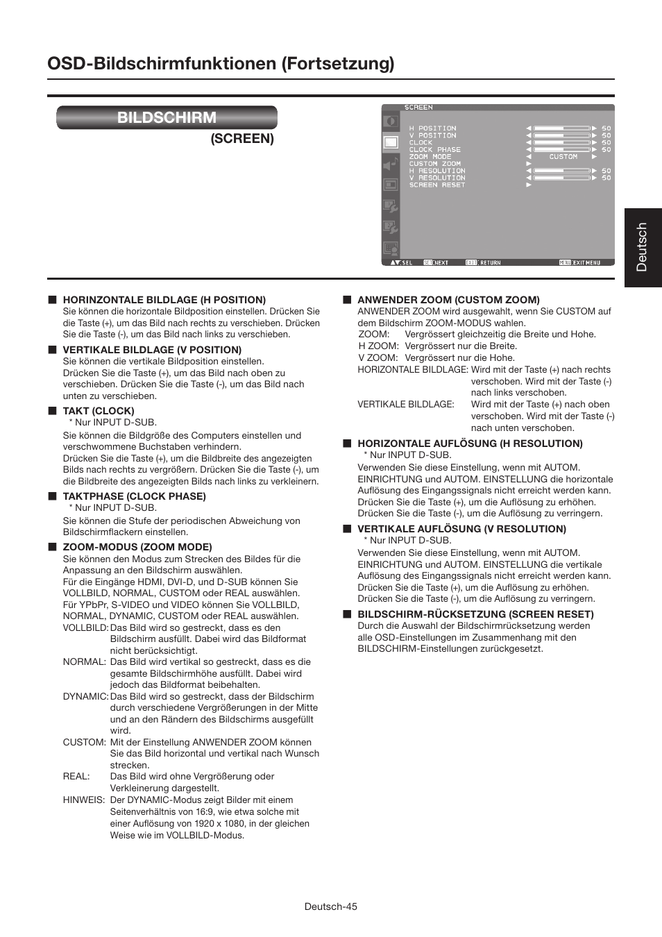 Osd-bildschirmfunktionen (fortsetzung), Bildschirm, Deutsch | Screen) | MITSUBISHI ELECTRIC LDT462V User Manual | Page 109 / 368