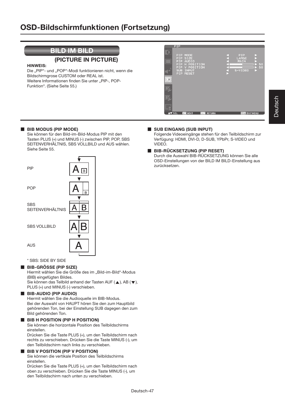 Osd-bildschirmfunktionen (fortsetzung), Bild im bild, Deutsch | Picture in picture) | MITSUBISHI ELECTRIC LDT462V User Manual | Page 111 / 368