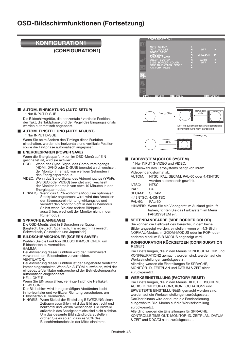 Osd-bildschirmfunktionen (fortsetzung), Konfiguration1, Configuration1) | MITSUBISHI ELECTRIC LDT462V User Manual | Page 112 / 368