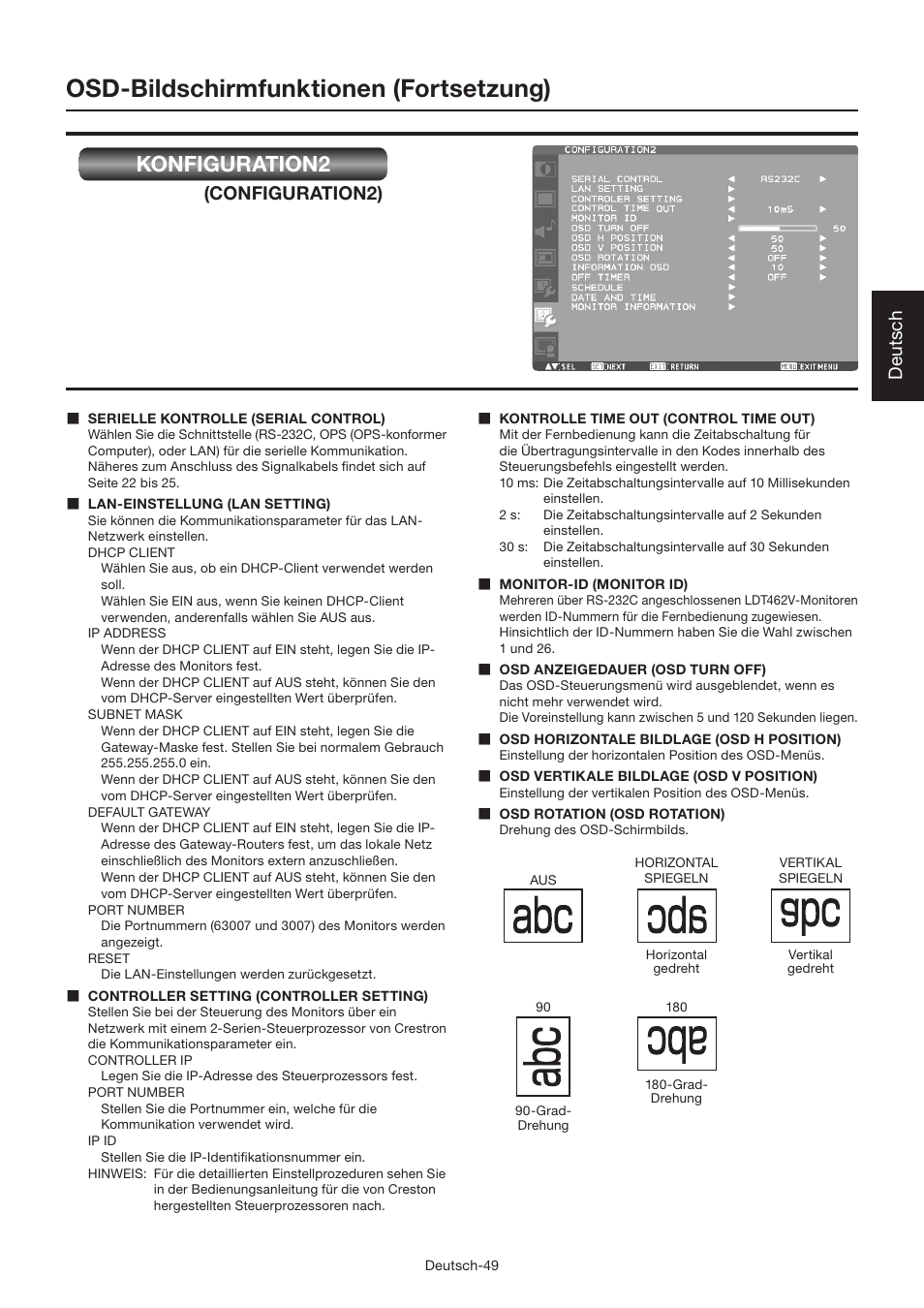 Osd-bildschirmfunktionen (fortsetzung), Konfiguration2, Deutsch | Configuration2) | MITSUBISHI ELECTRIC LDT462V User Manual | Page 113 / 368