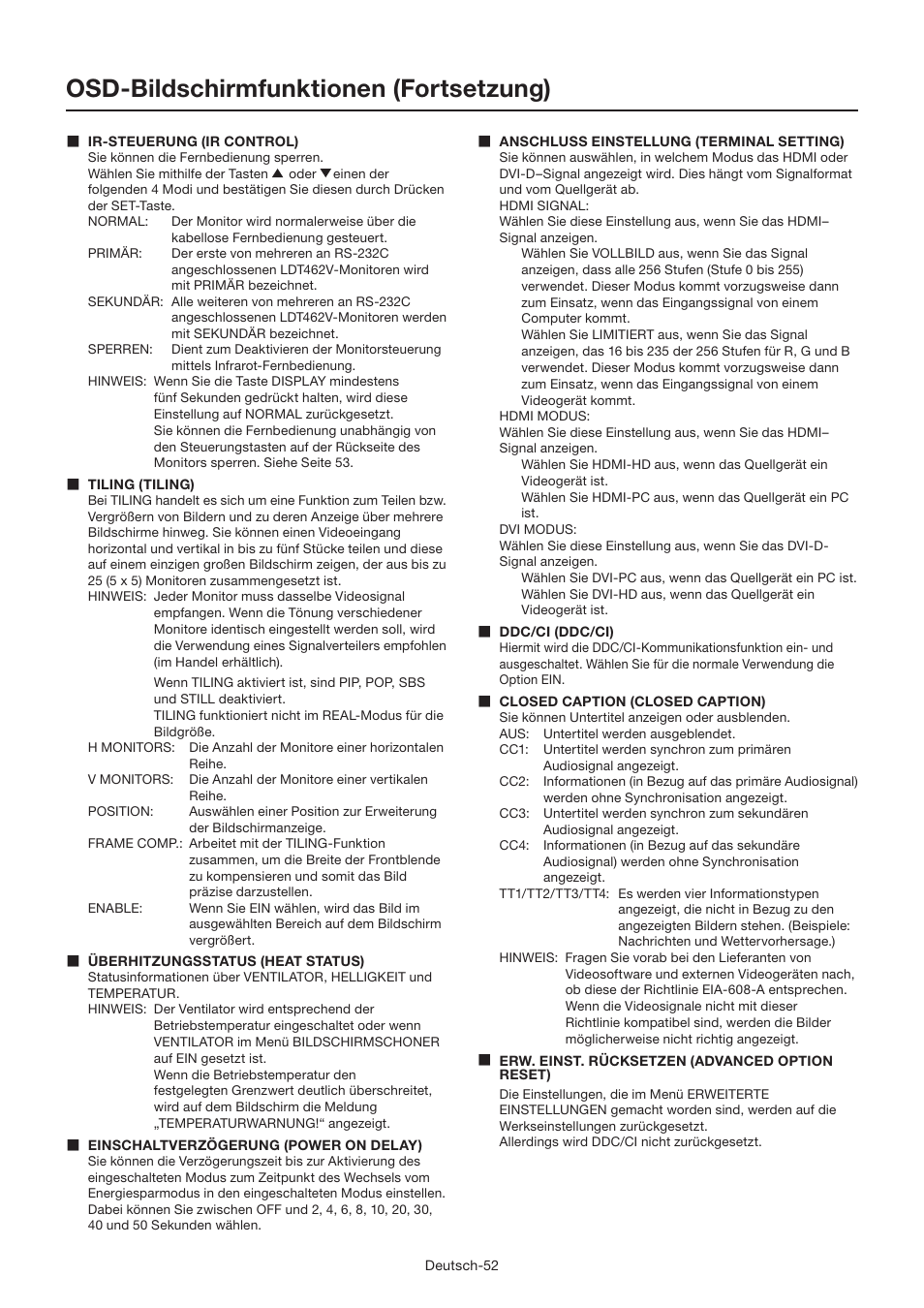 Osd-bildschirmfunktionen (fortsetzung) | MITSUBISHI ELECTRIC LDT462V User Manual | Page 116 / 368