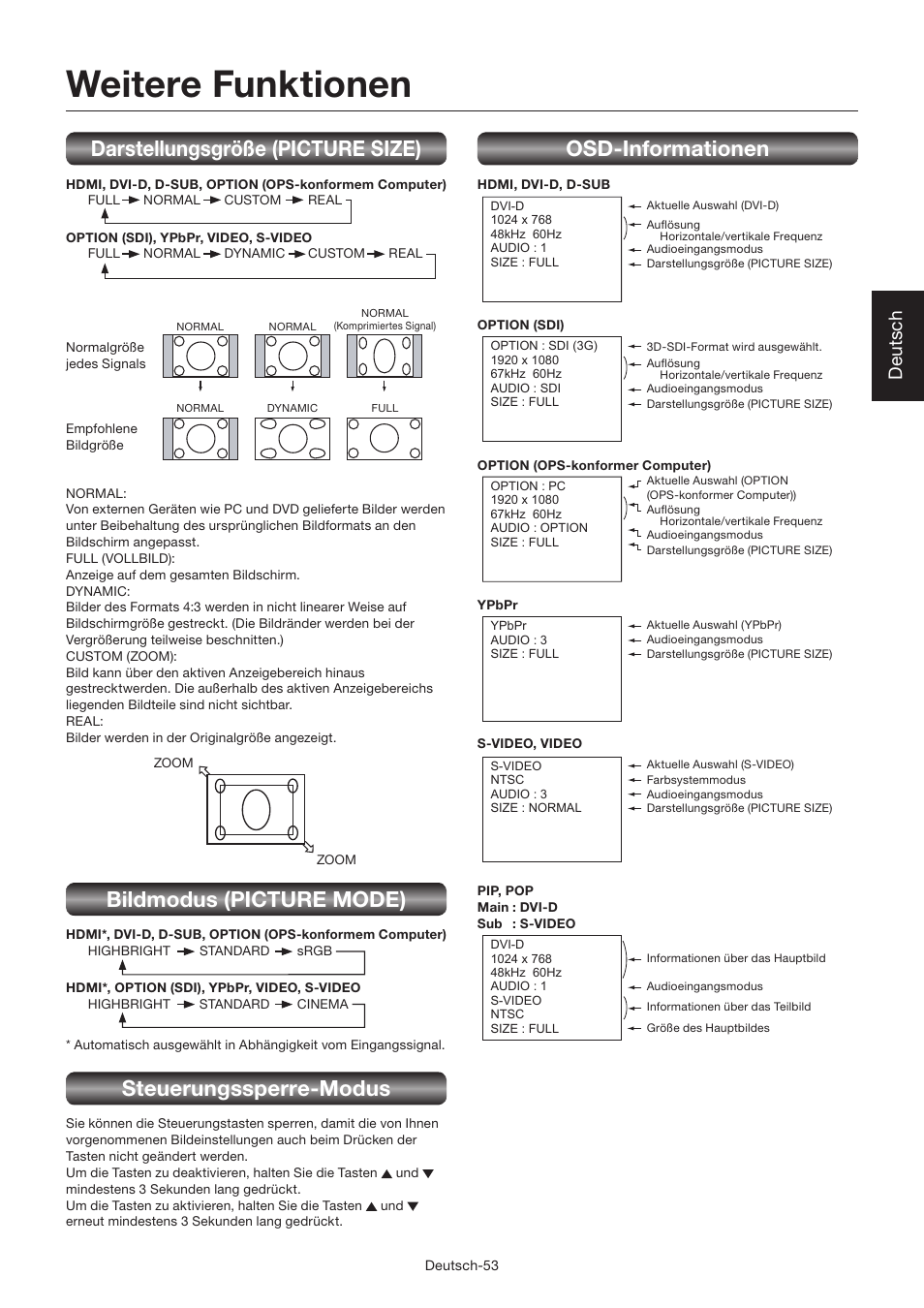 Weitere funktionen, Darstellungsgröße (picture size), Bildmodus (picture mode) | Steuerungssperre-modus, Osd-informationen, Deutsch | MITSUBISHI ELECTRIC LDT462V User Manual | Page 117 / 368