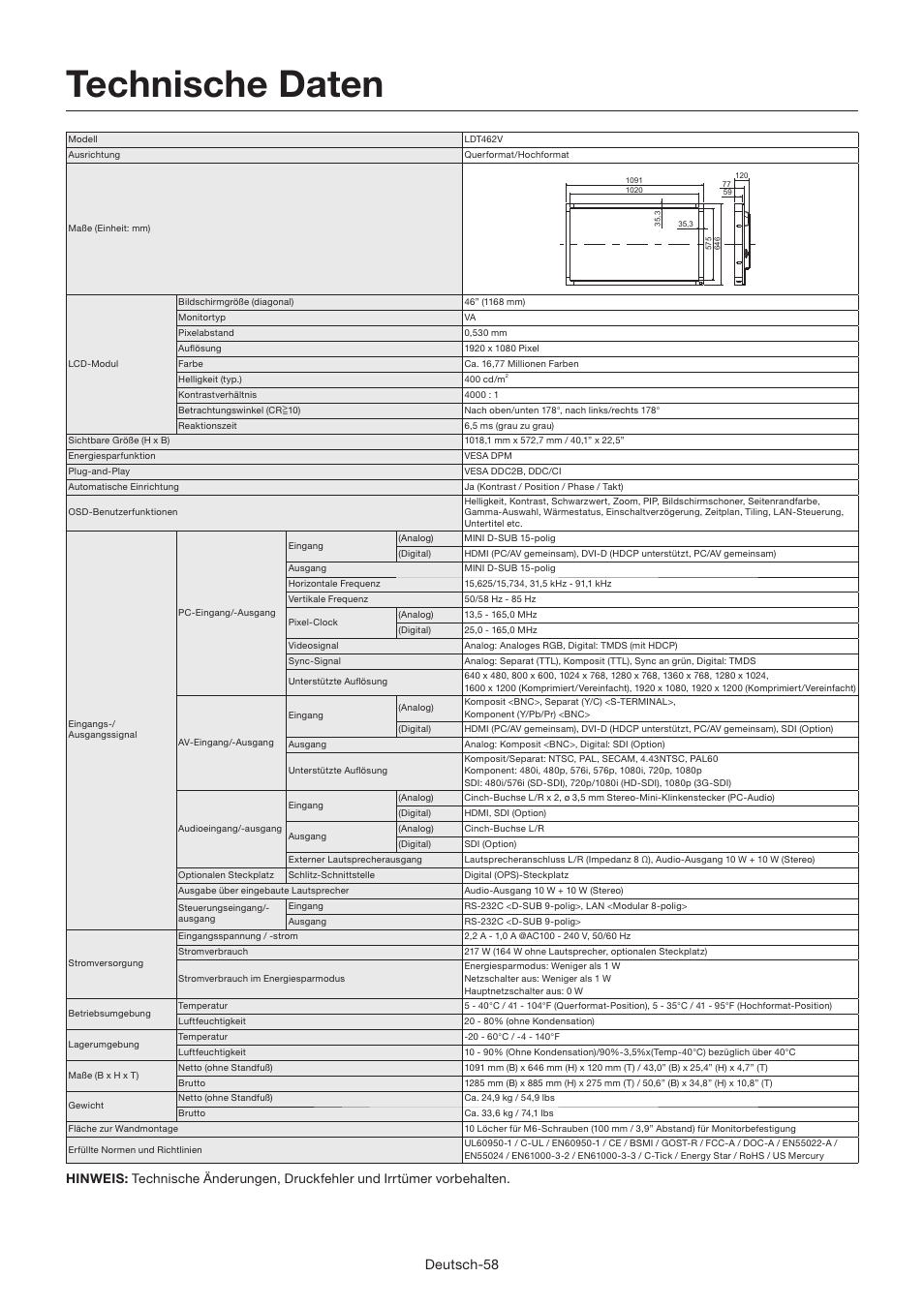 Technische daten, Deutsch-58 | MITSUBISHI ELECTRIC LDT462V User Manual | Page 122 / 368