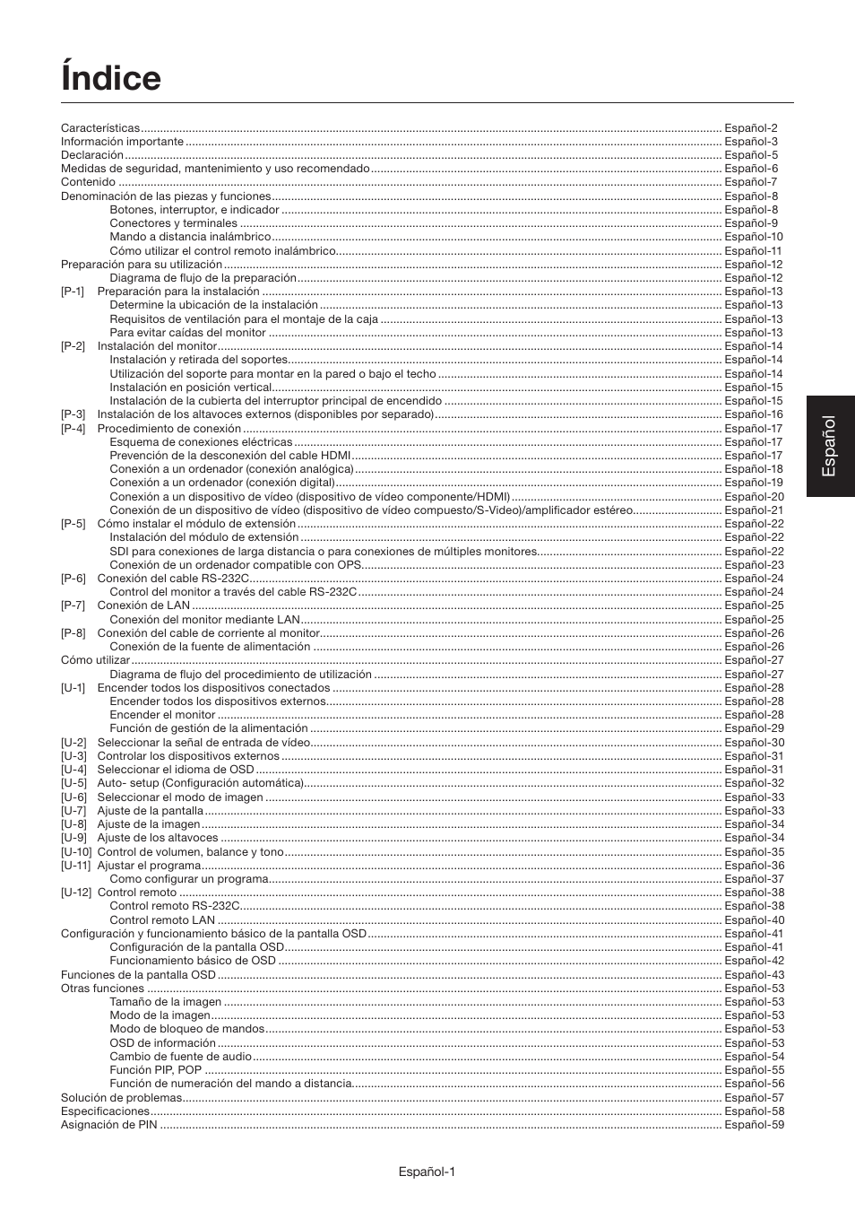 Índice, Español | MITSUBISHI ELECTRIC LDT462V User Manual | Page 125 / 368