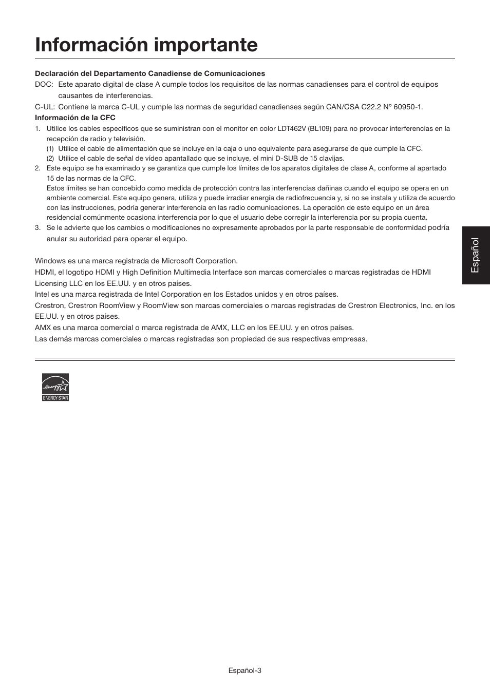 Información importante, Español | MITSUBISHI ELECTRIC LDT462V User Manual | Page 127 / 368