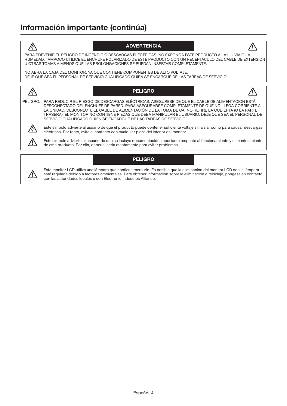 Información importante (continúa) | MITSUBISHI ELECTRIC LDT462V User Manual | Page 128 / 368