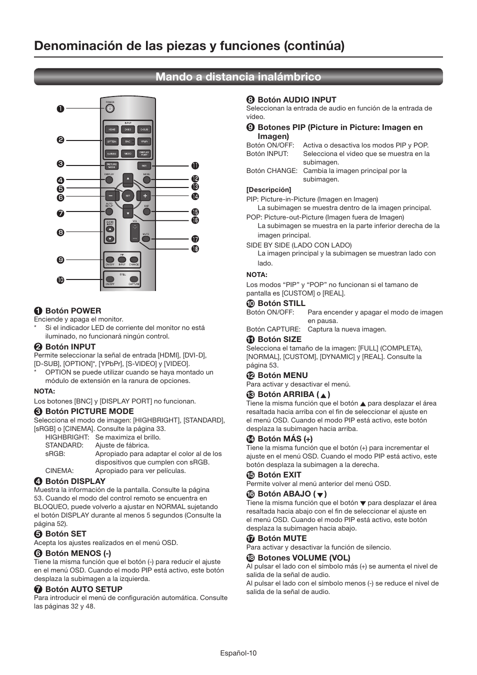 Denominación de las piezas y funciones (continúa), Mando a distancia inalámbrico | MITSUBISHI ELECTRIC LDT462V User Manual | Page 134 / 368