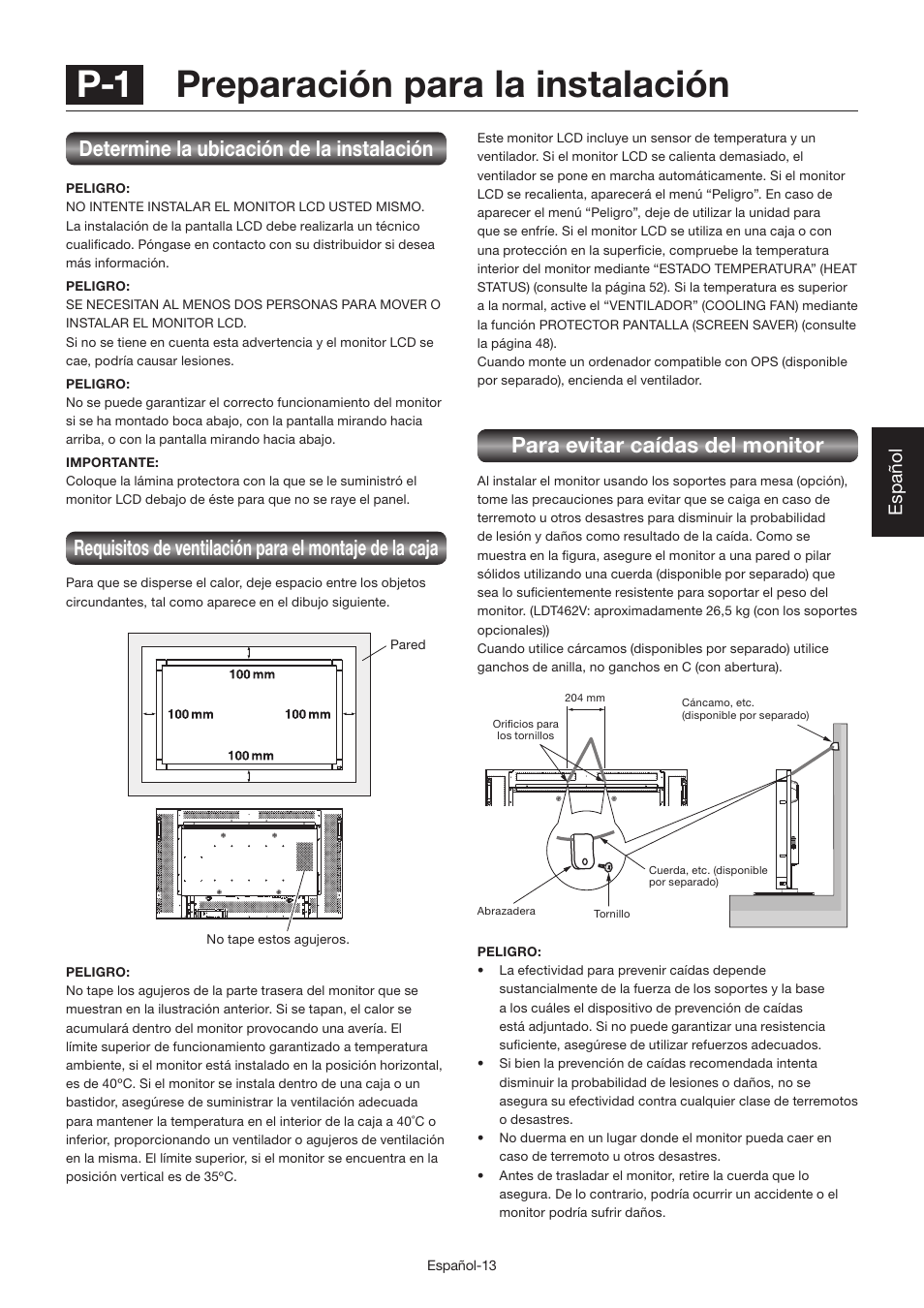 P-1 preparación para la instalación, Para evitar caídas del monitor, Determine la ubicación de la instalación | Español | MITSUBISHI ELECTRIC LDT462V User Manual | Page 137 / 368