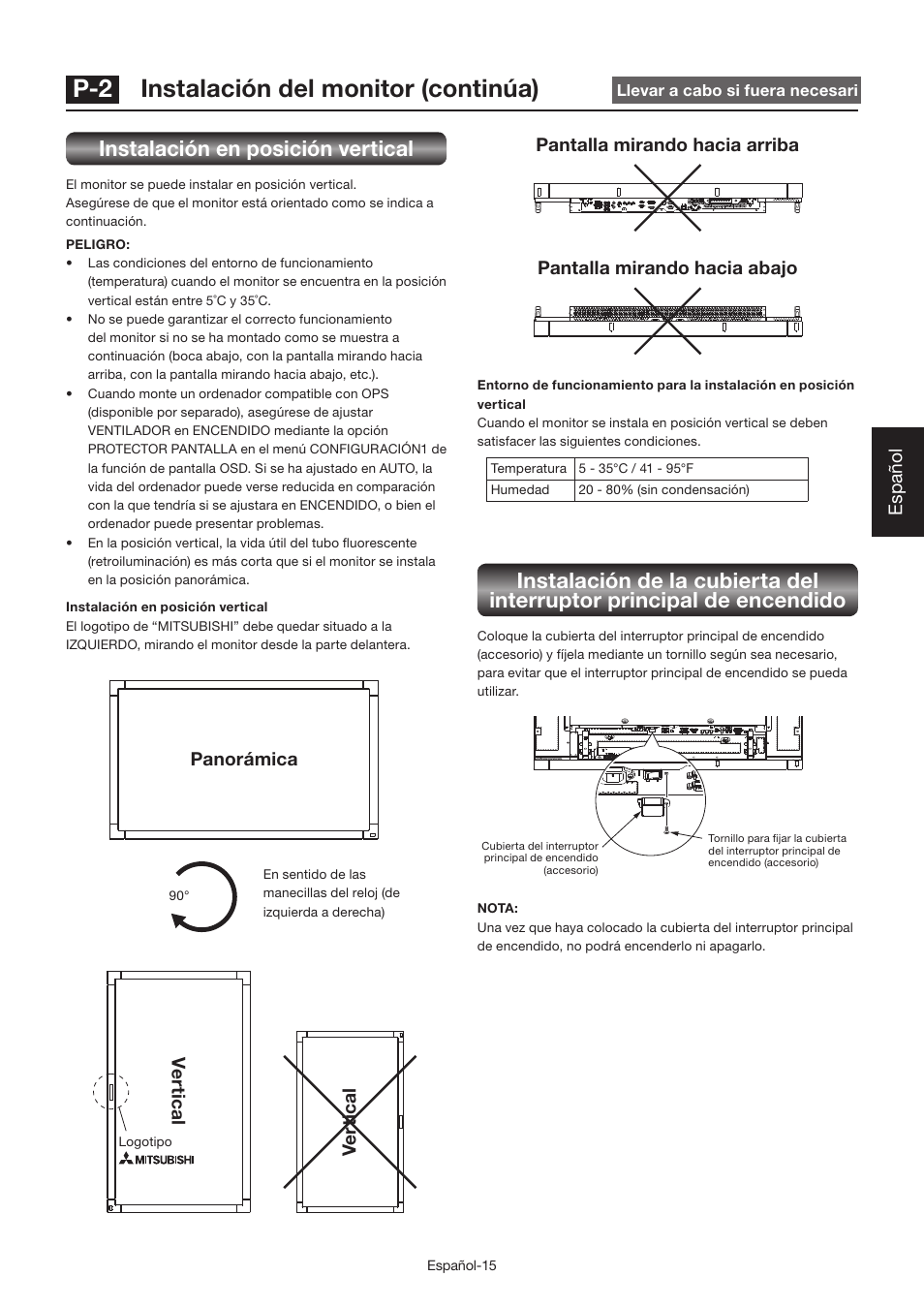 P-2 instalación del monitor (continúa), Instalación en posición vertical, Español | Ve rt ical v e rt ical, Panorámica | MITSUBISHI ELECTRIC LDT462V User Manual | Page 139 / 368