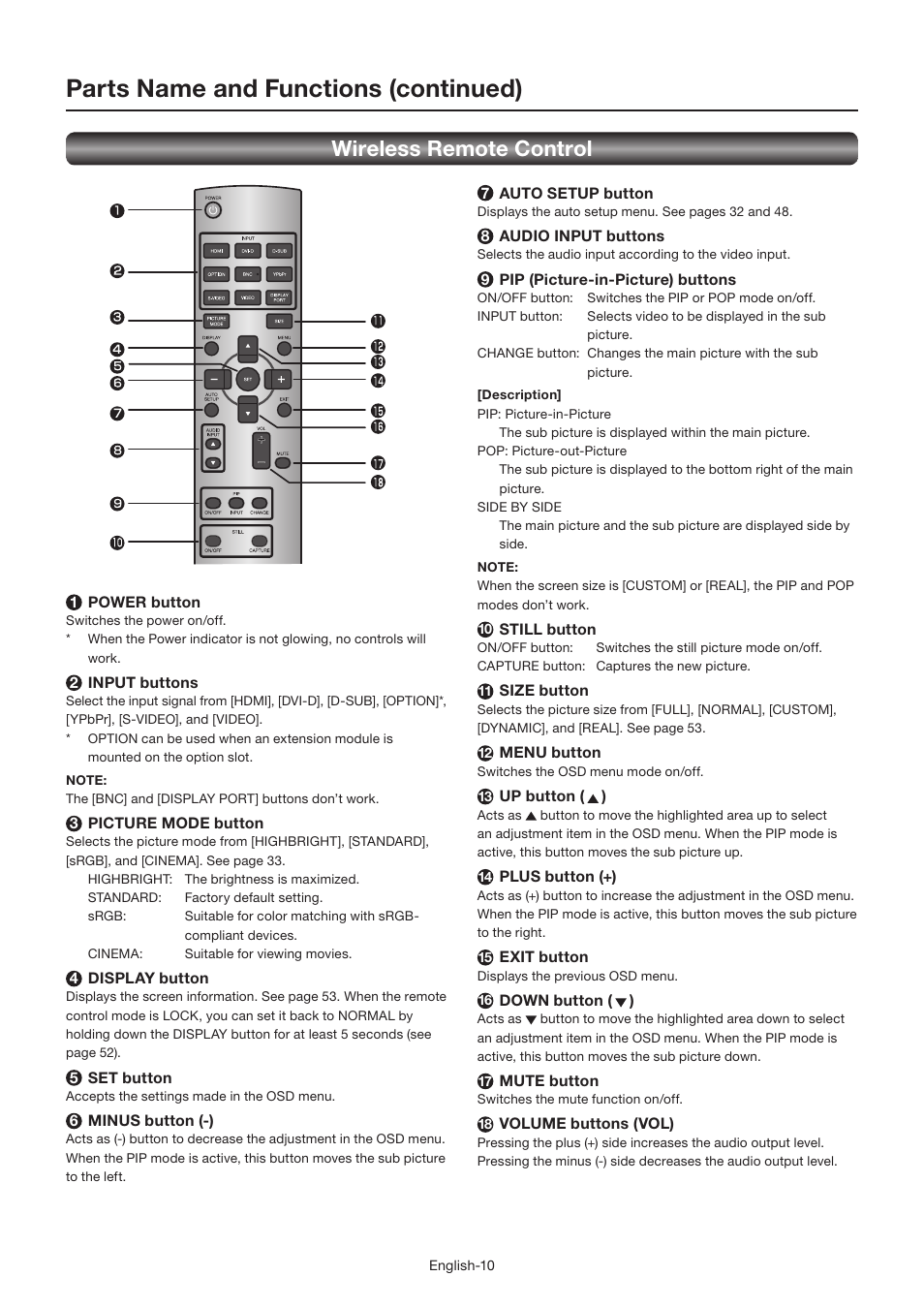 Parts name and functions (continued), Wireless remote control | MITSUBISHI ELECTRIC LDT462V User Manual | Page 14 / 368