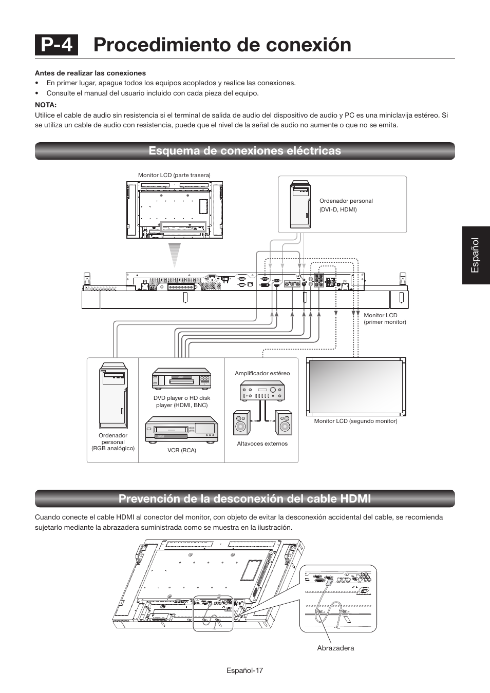 P-4 procedimiento de conexión, Prevención de la desconexión del cable hdmi, Esquema de conexiones eléctricas | Español | MITSUBISHI ELECTRIC LDT462V User Manual | Page 141 / 368