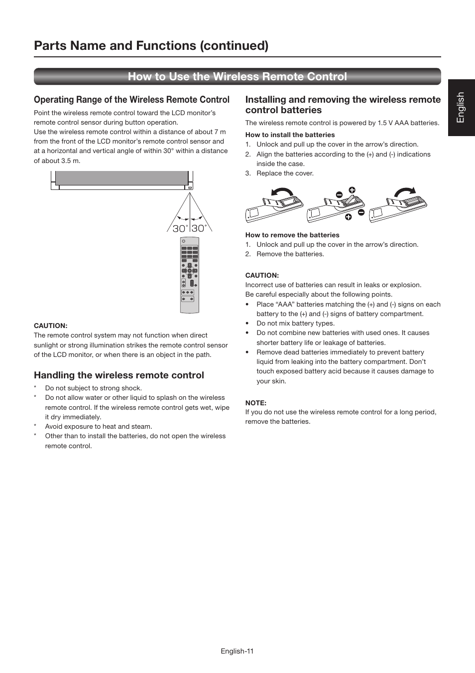 Parts name and functions (continued), How to use the wireless remote control, Handling the wireless remote control | MITSUBISHI ELECTRIC LDT462V User Manual | Page 15 / 368