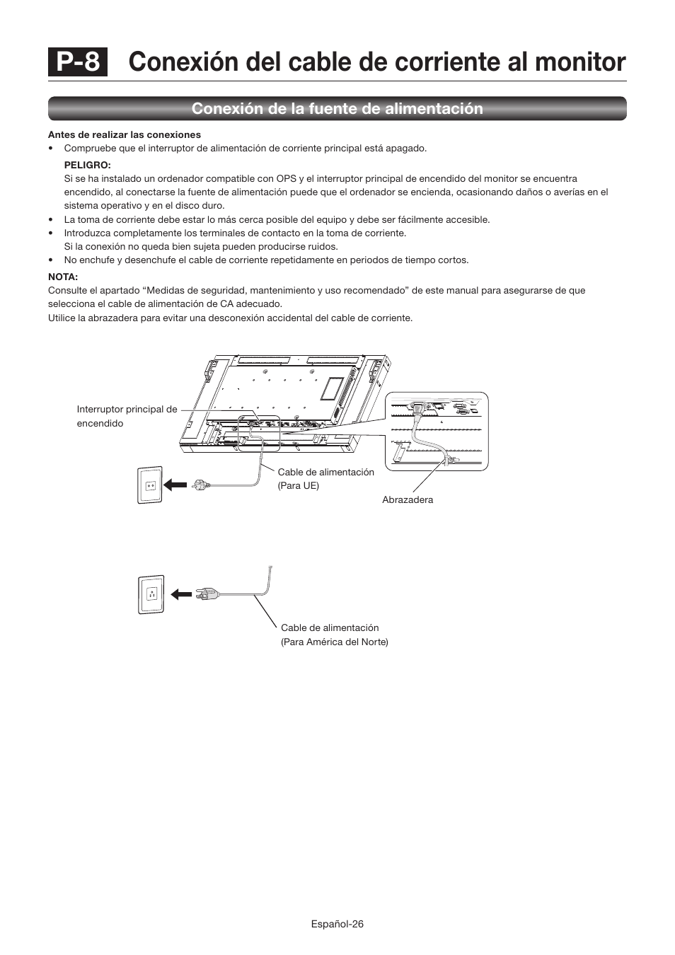 P-8 conexión del cable de corriente al monitor, Conexión de la fuente de alimentación | MITSUBISHI ELECTRIC LDT462V User Manual | Page 150 / 368