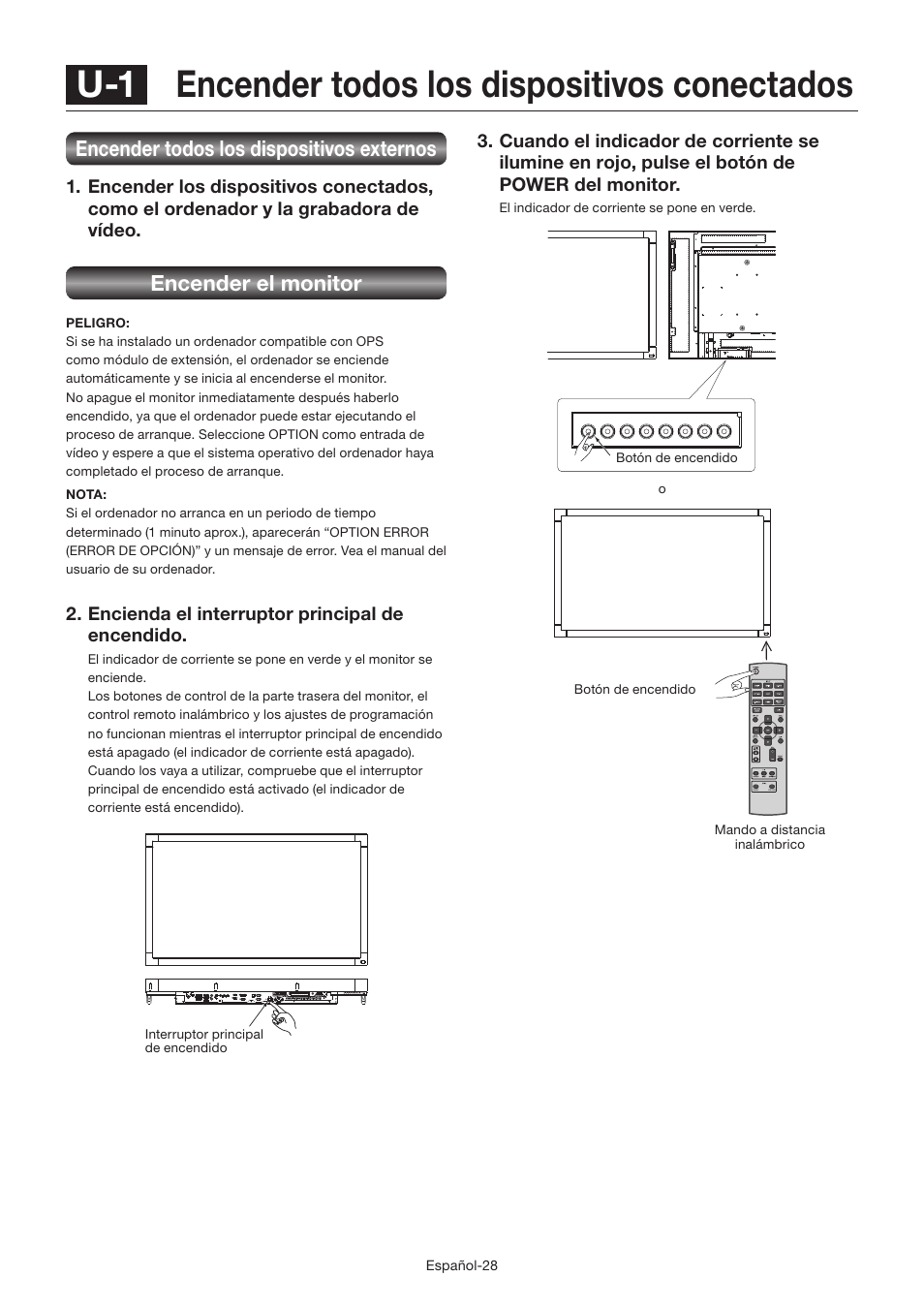 U-1 encender todos los dispositivos conectados, Encender todos los dispositivos externos, Encender el monitor | MITSUBISHI ELECTRIC LDT462V User Manual | Page 152 / 368