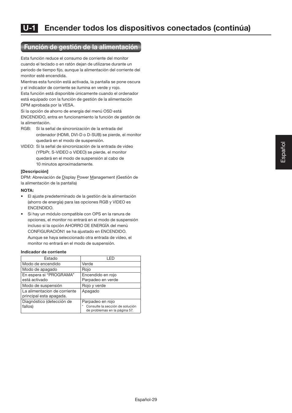 Función de gestión de la alimentación, Español | MITSUBISHI ELECTRIC LDT462V User Manual | Page 153 / 368