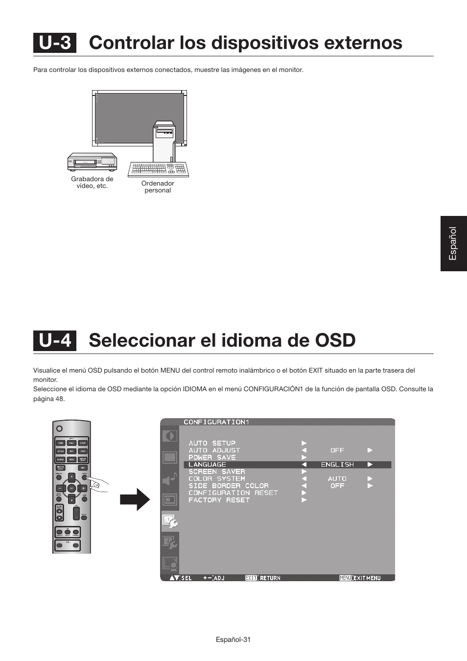 U-4 seleccionar el idioma de osd, U-3 controlar los dispositivos externos | MITSUBISHI ELECTRIC LDT462V User Manual | Page 155 / 368