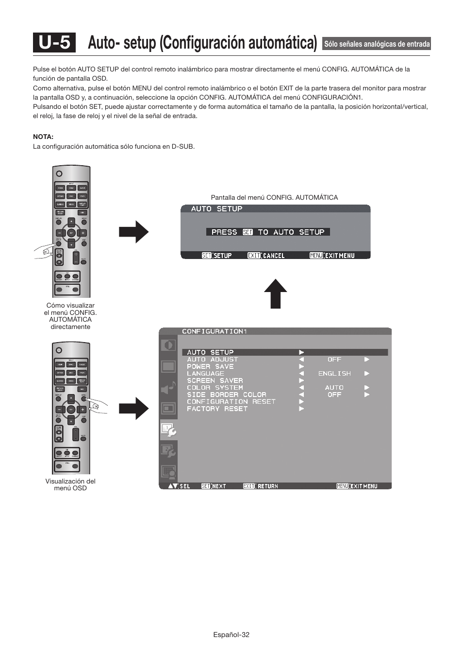 U-5 auto- setup (confi guración automática) | MITSUBISHI ELECTRIC LDT462V User Manual | Page 156 / 368