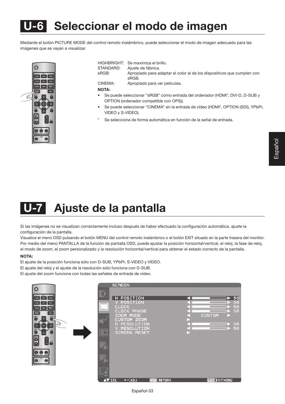 U-7 ajuste de la pantalla, U-6 seleccionar el modo de imagen | MITSUBISHI ELECTRIC LDT462V User Manual | Page 157 / 368