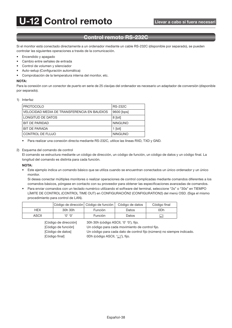 U-12 control remoto, Control remoto rs-232c | MITSUBISHI ELECTRIC LDT462V User Manual | Page 162 / 368