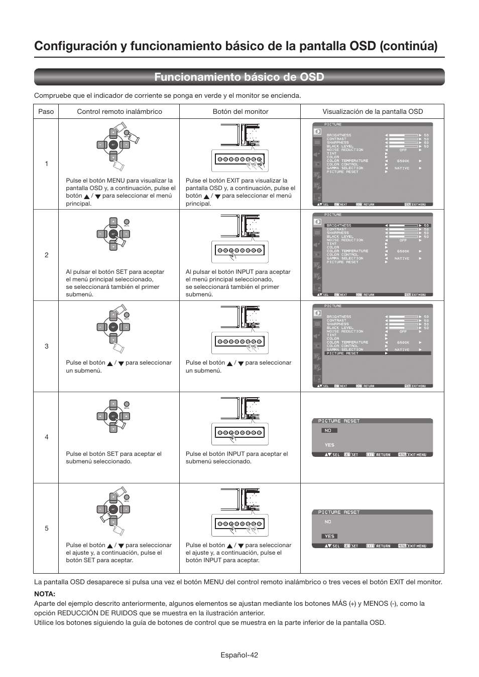 Funcionamiento básico de osd | MITSUBISHI ELECTRIC LDT462V User Manual | Page 166 / 368