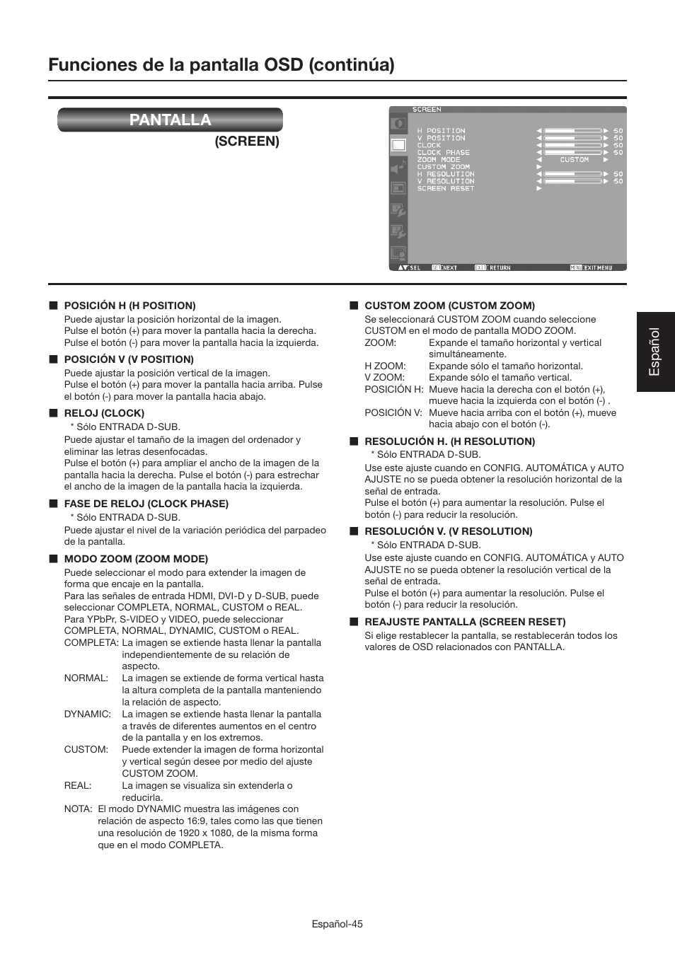 Funciones de la pantalla osd (continúa), Pantalla, Español | Screen) | MITSUBISHI ELECTRIC LDT462V User Manual | Page 169 / 368