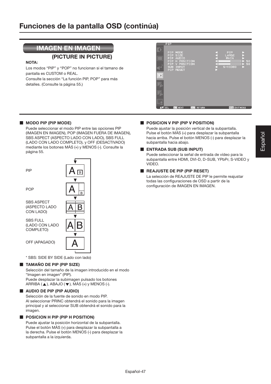 Funciones de la pantalla osd (continúa), Imagen en imagen, Español | Picture in picture) | MITSUBISHI ELECTRIC LDT462V User Manual | Page 171 / 368