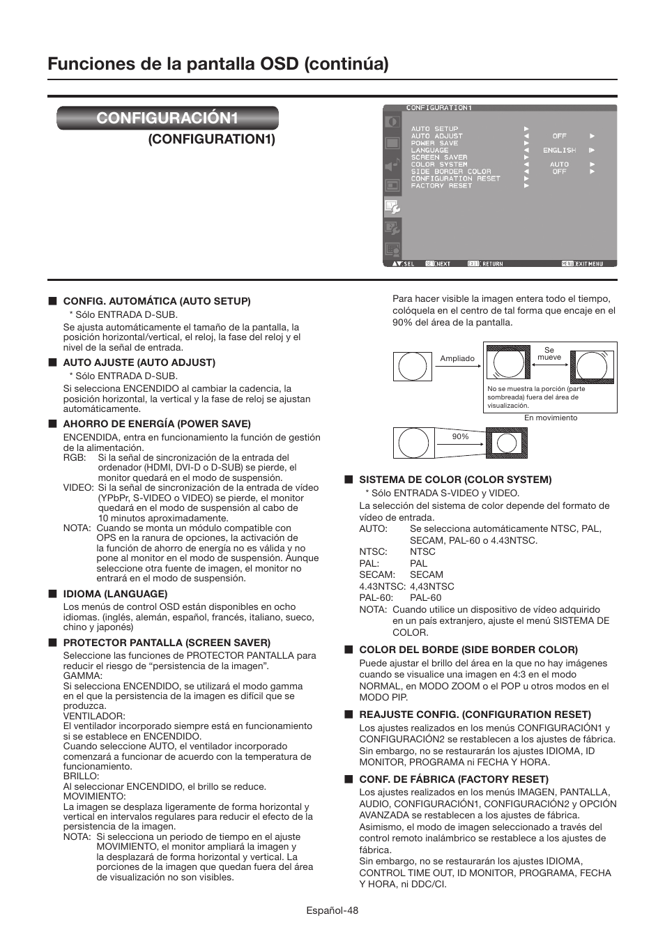 Funciones de la pantalla osd (continúa), Configuración1, Configuration1) | MITSUBISHI ELECTRIC LDT462V User Manual | Page 172 / 368