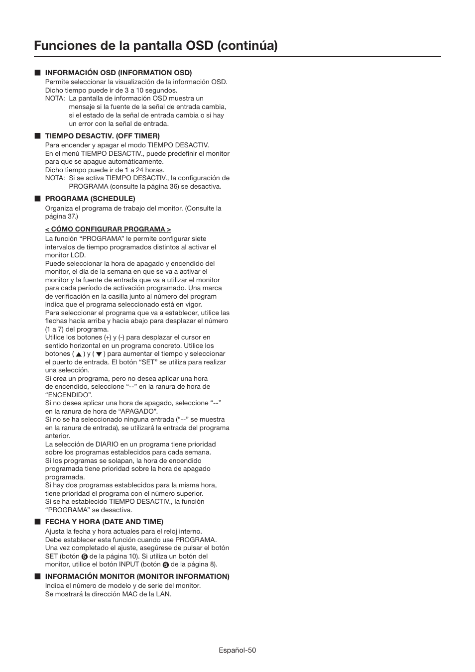 Funciones de la pantalla osd (continúa) | MITSUBISHI ELECTRIC LDT462V User Manual | Page 174 / 368