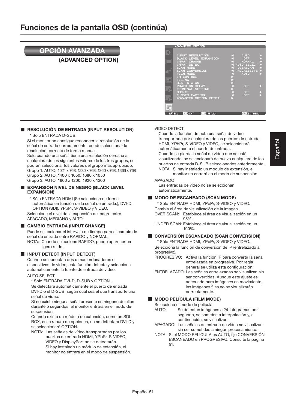 Funciones de la pantalla osd (continúa), Opción avanzada, Español | Advanced option) | MITSUBISHI ELECTRIC LDT462V User Manual | Page 175 / 368